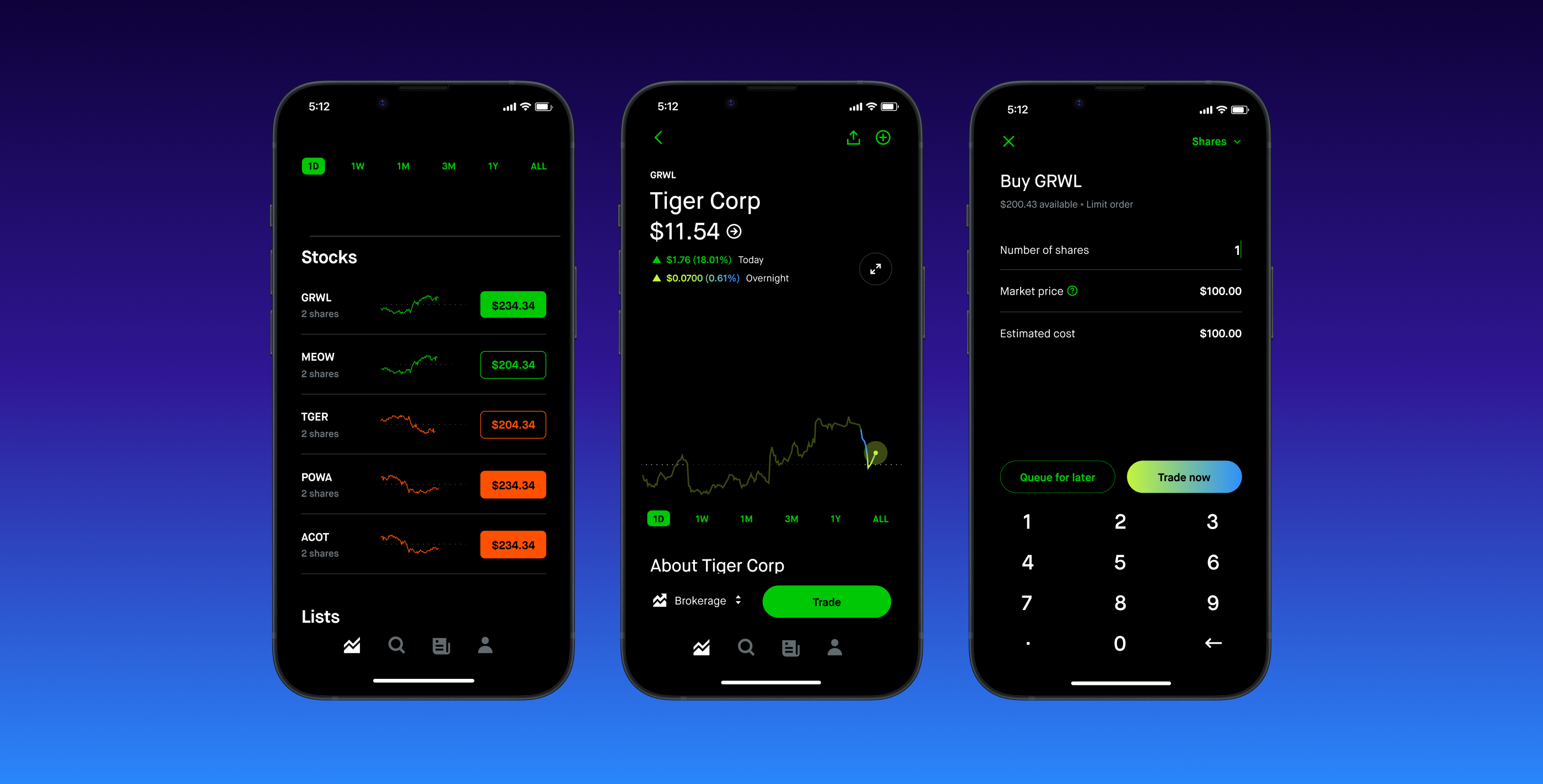 Three phone screens showing a Robinhood watchlist, a stock detail page and a buy order ticket