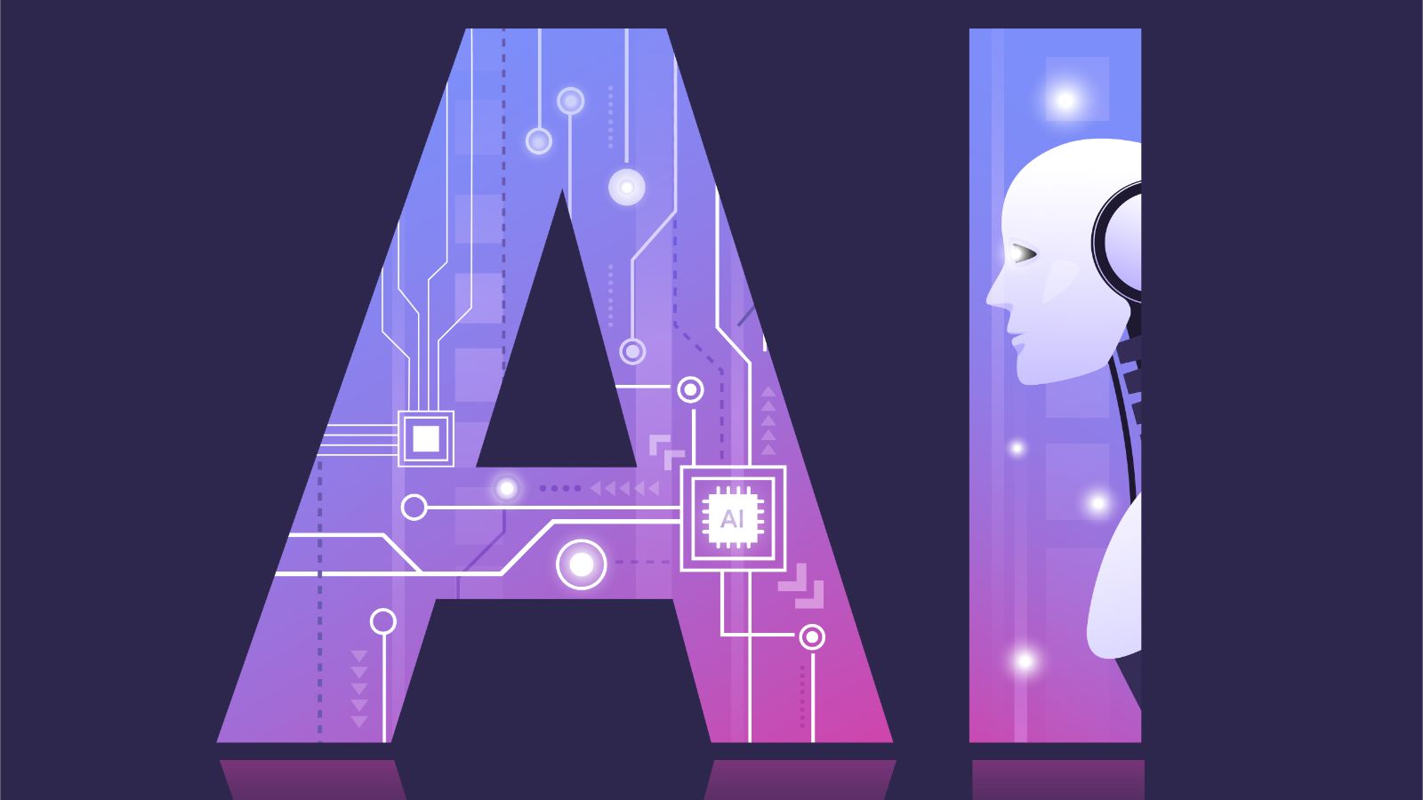 The letters AI filled with purple circuit-board lines, with a robot head in profile inside the I, on a dark navy background.