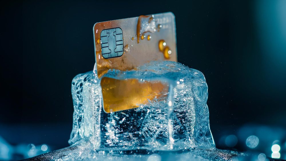 A chip credit card standing upright, half frozen inside a block of ice, lit in blue against a dark background.