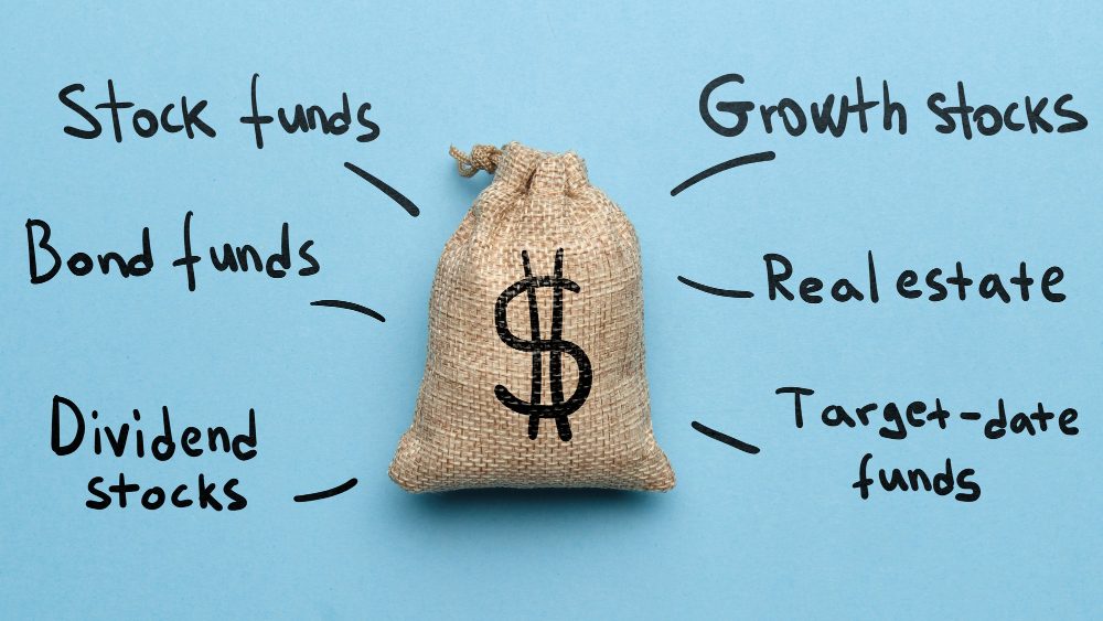 A burlap money bag with a dollar sign, surrounded by hand-written labels for stock funds, bond funds, dividend stocks, growth stocks, real estate and target-date funds.