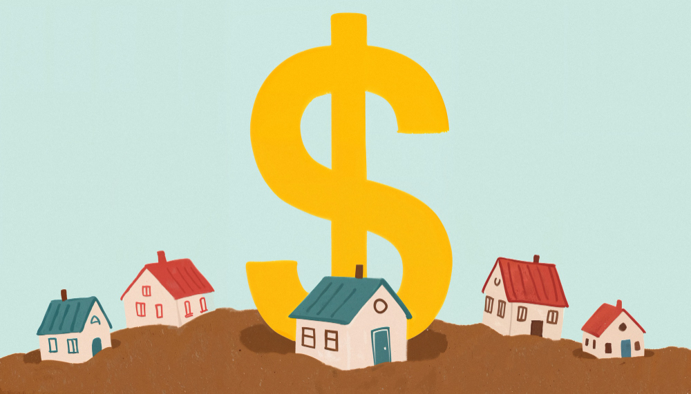 Illustration of small houses half-sunk in brown earth around a large yellow dollar sign.