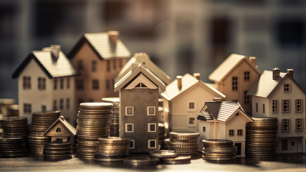 Model houses of different sizes standing among stacks of coins.