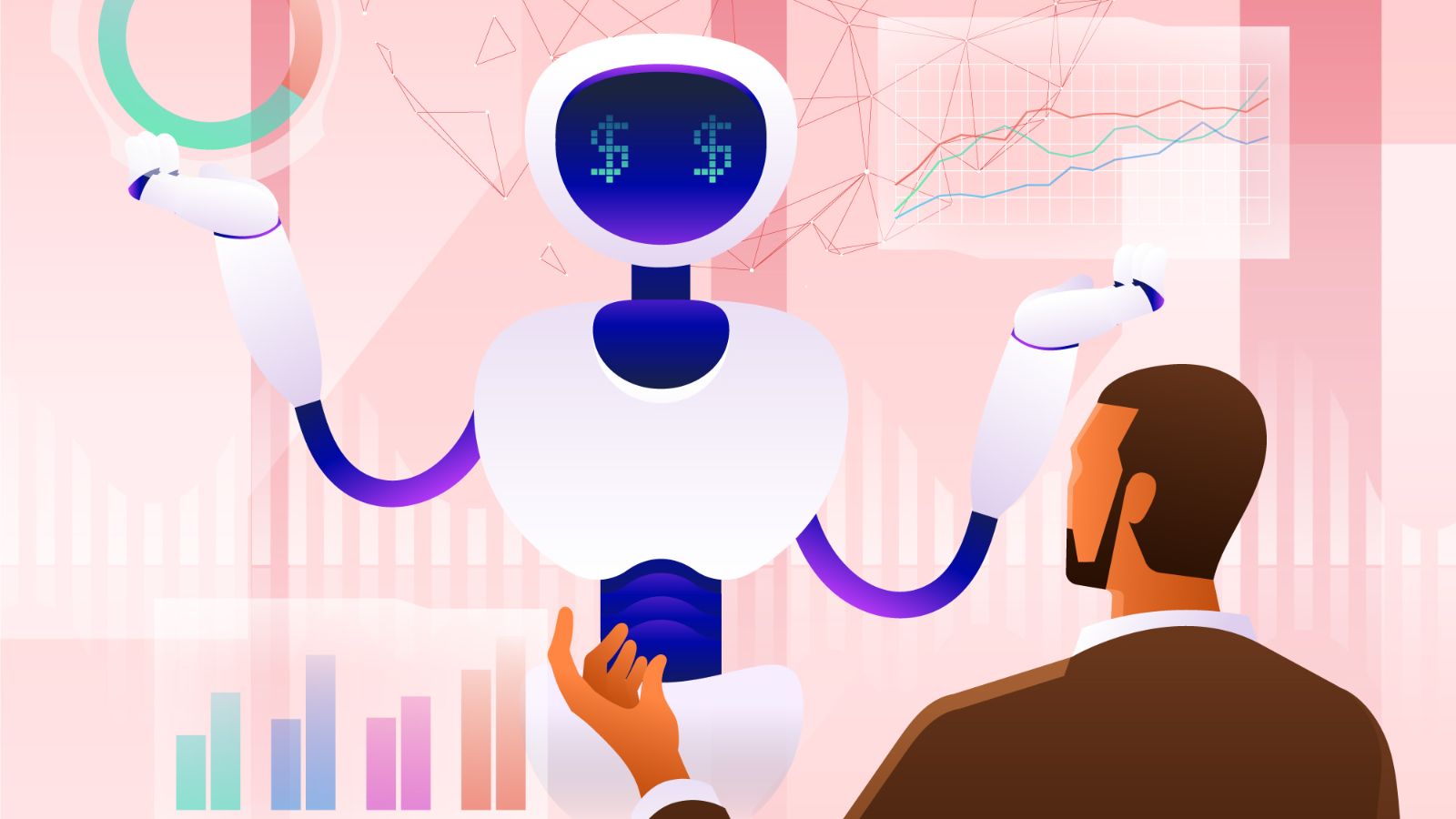 A robot with dollar signs for eyes next to an investor.