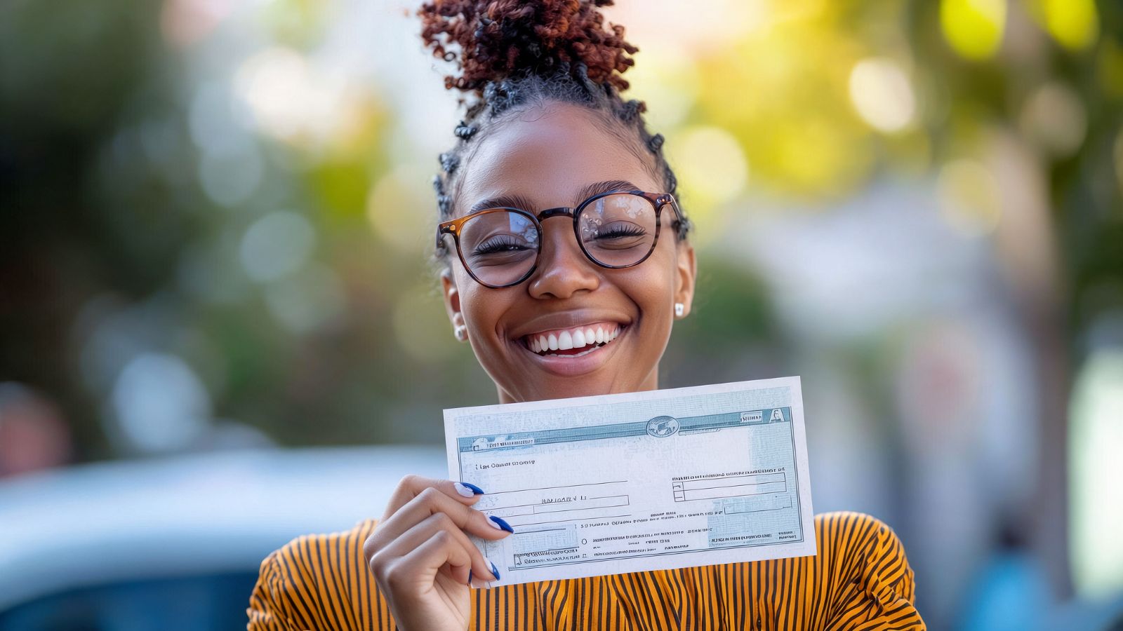 A smiling young woman in glasses and an orange striped top holding up a paycheck outdoors, with trees blurred behind her.