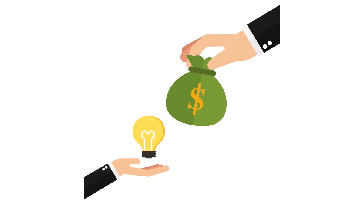 Illustration of a hand offering a money bag in exchange for a light bulb idea.