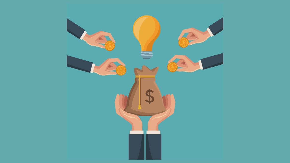 Illustration of several hands adding coins to one money bag beneath a light bulb.