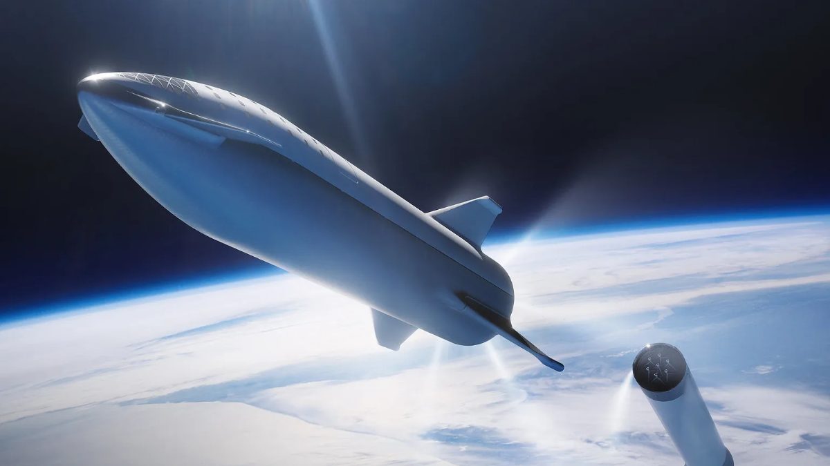 An illustration of SpaceX's Starship separating from its booster above Earth.