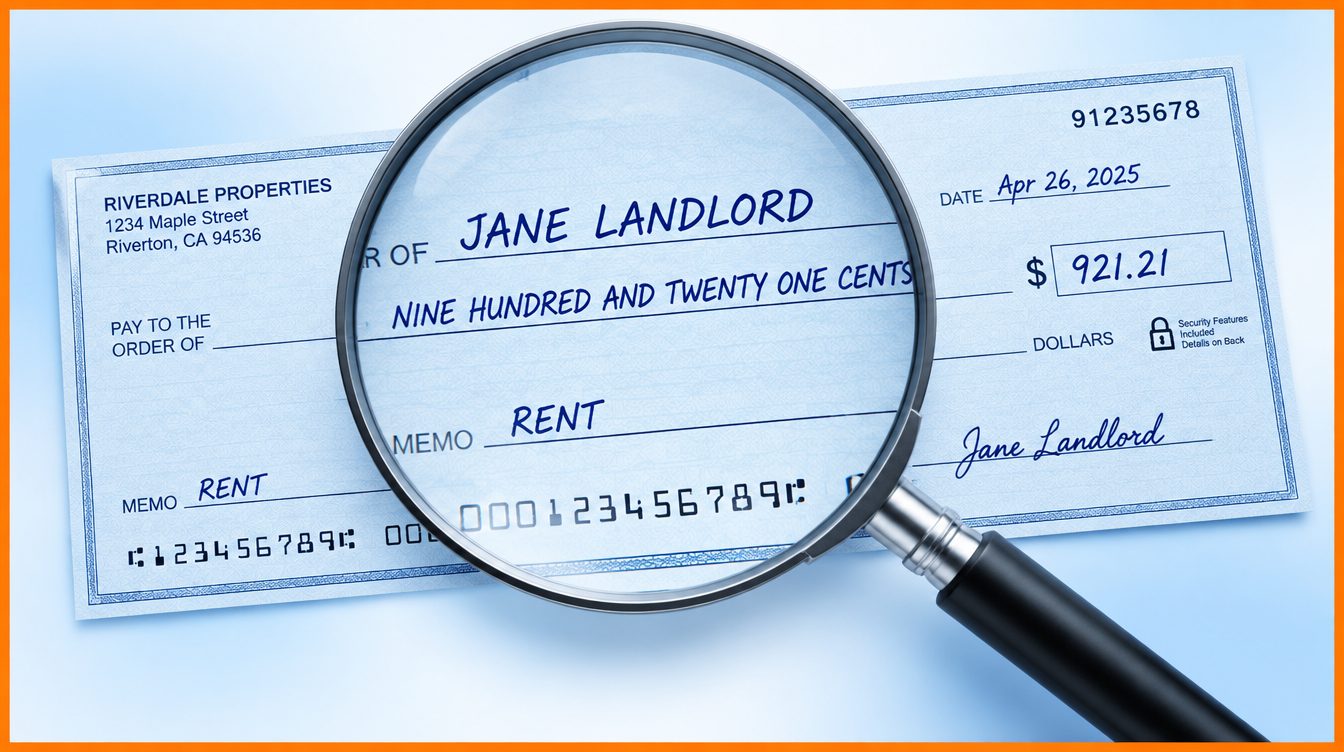 A magnifying glass held over the bottom line of a printed check, enlarging the MICR digits.