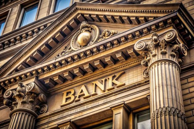 The stone facade of a classical bank building, with BANK carved in gold lettering above the columns.