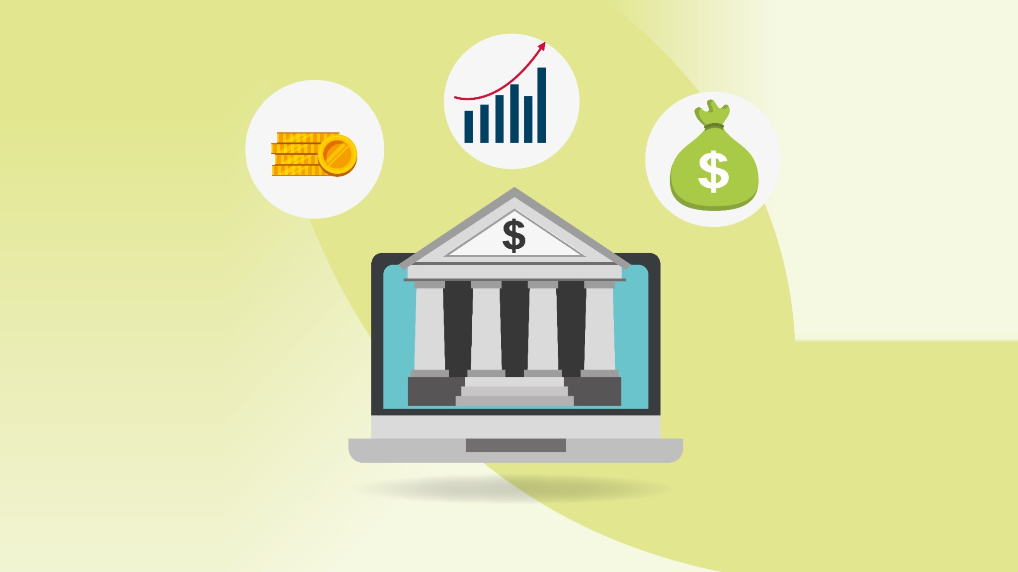 Flat illustration of a bank building on a laptop screen, with coins, a rising bar chart and a bag of cash above it.