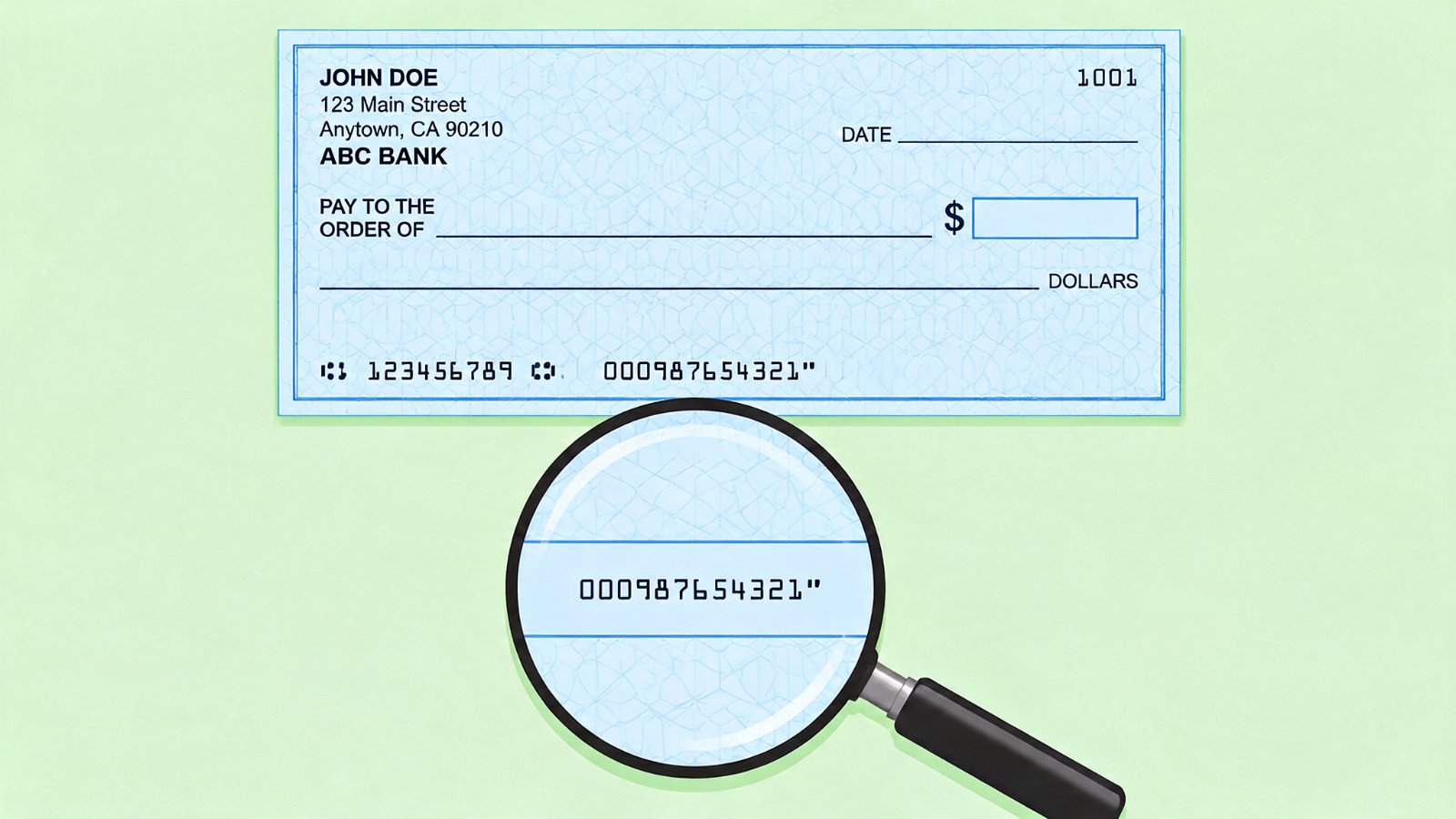 A blank personal check with a magnifying glass over the bottom edge, enlarging the account number in the middle of the MICR line.