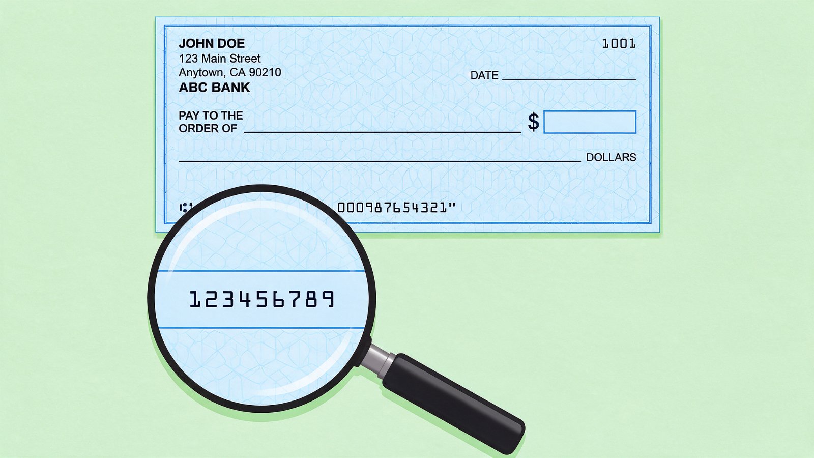 A blank personal check with a magnifying glass over the bottom edge, enlarging the nine-digit routing number at the left of the MICR line.
