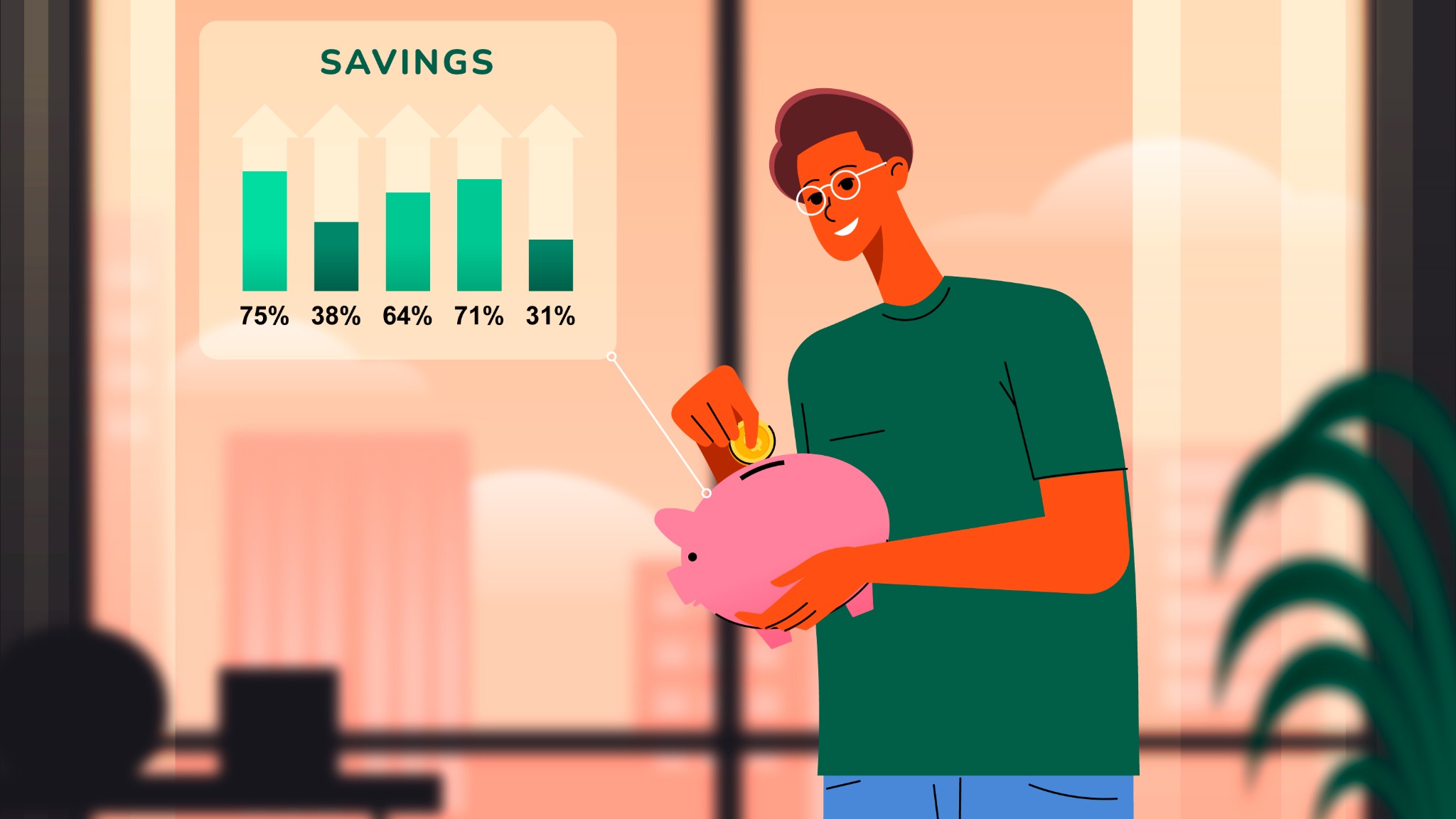 Illustration of a person dropping a coin into a piggy bank beside a savings chart.