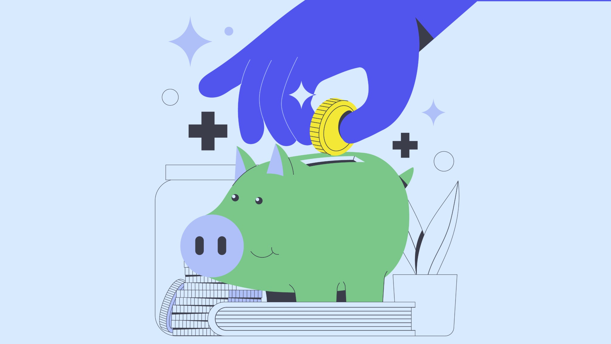 Illustration of a hand dropping a coin into a green piggy bank.