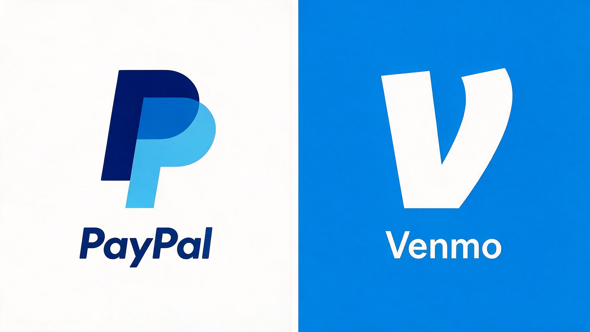 A split panel: the PayPal logo and wordmark on white on the left, the Venmo V and wordmark on blue on the right.