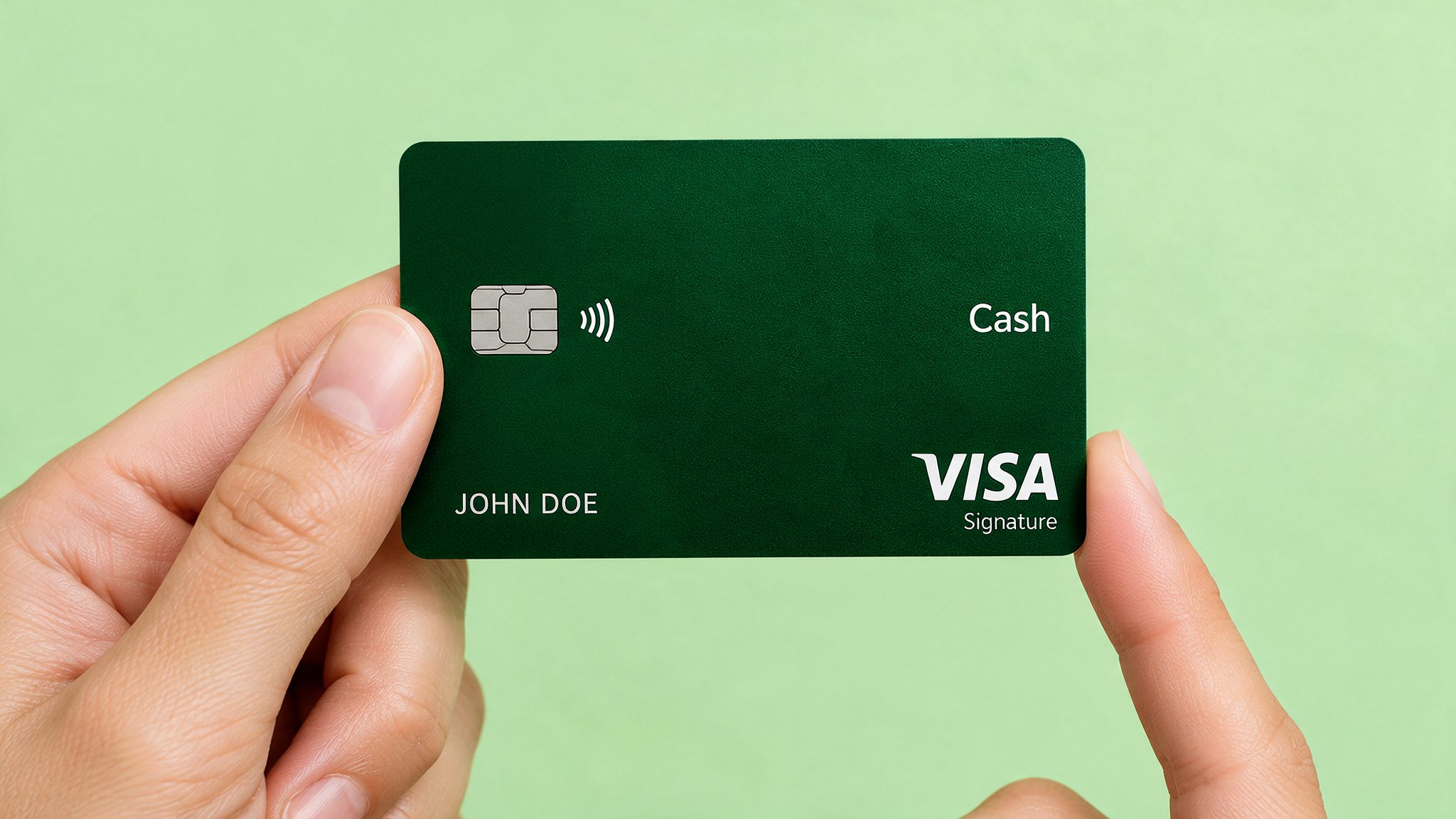A hand holding a plain green contactless credit card against a pale green background.