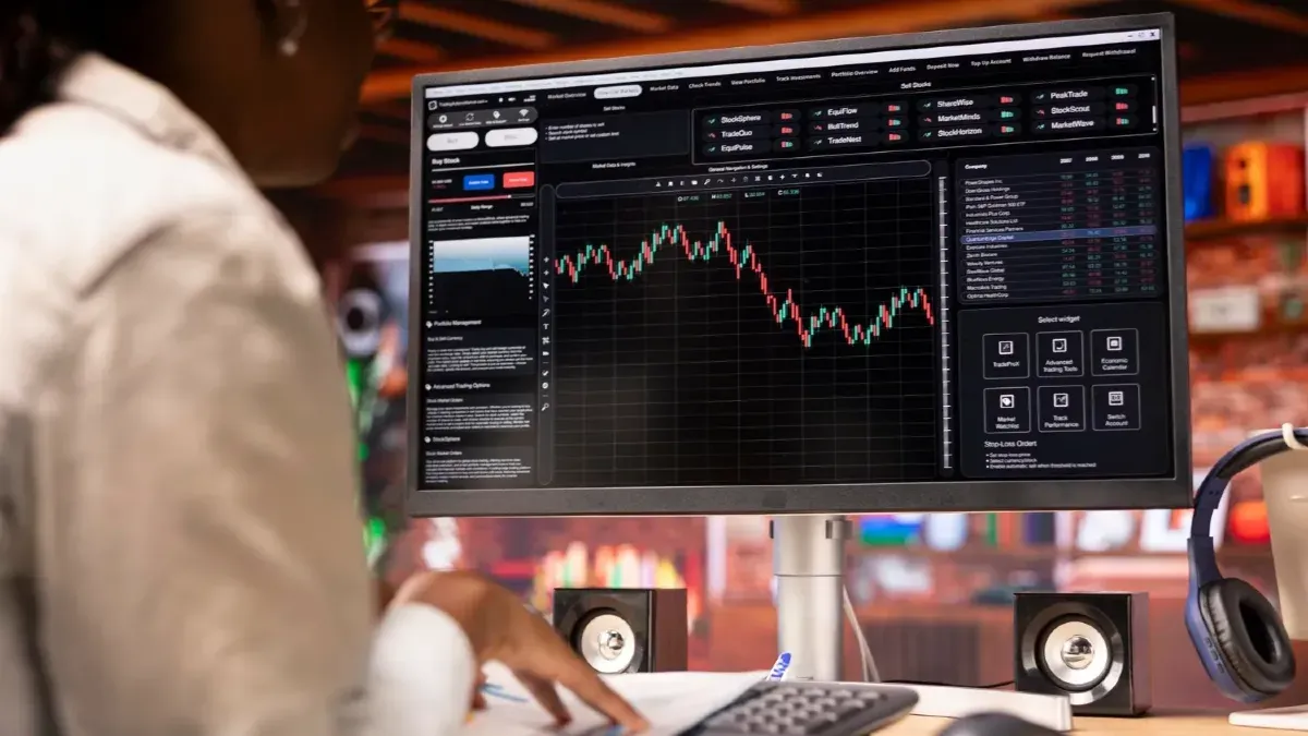 A picture of a woman watching a stock ticker symbol. 