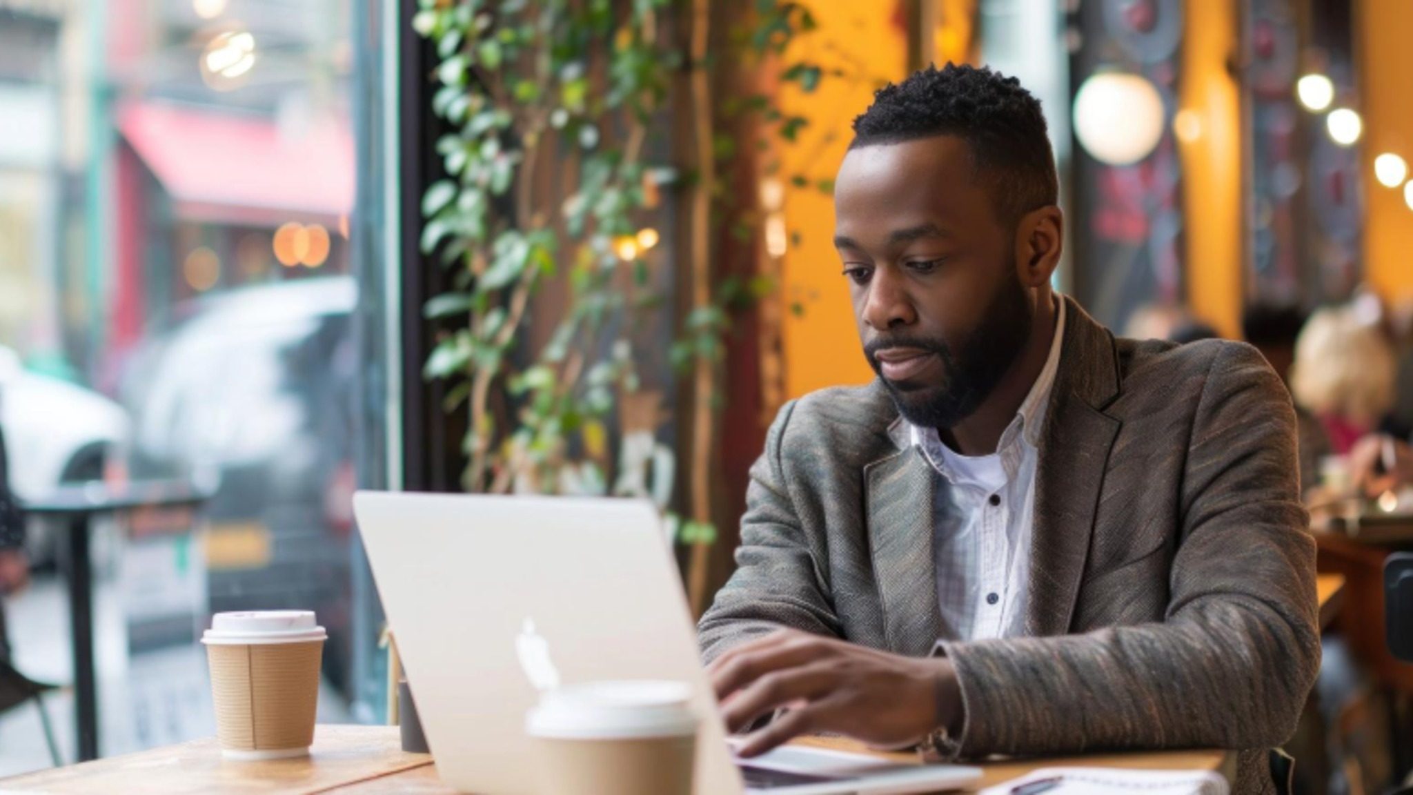 A man working on a laptop at a cafe table.