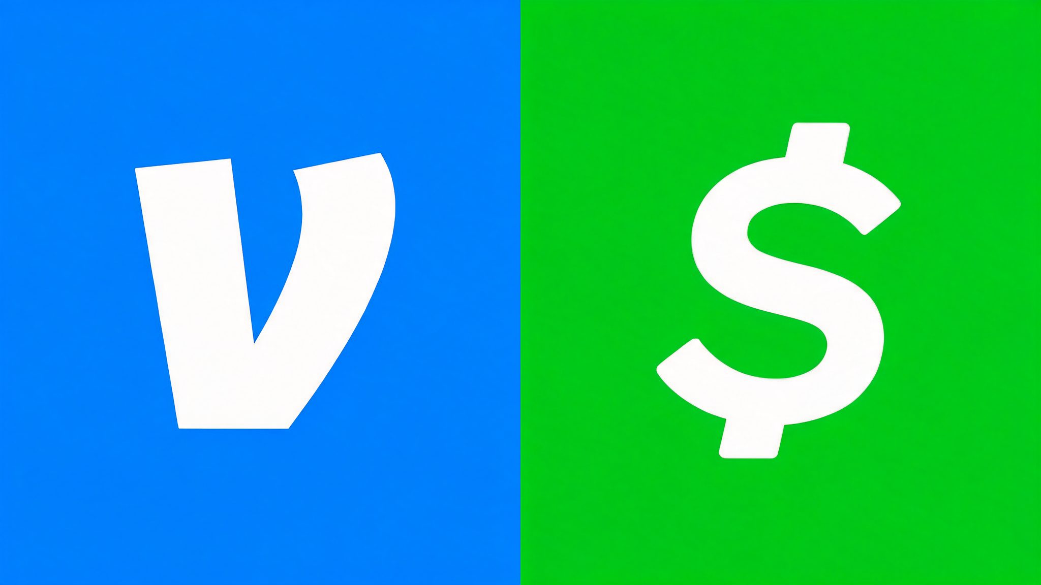 A split panel: the Venmo V mark on blue on the left, the Cash App dollar sign on green on the right.